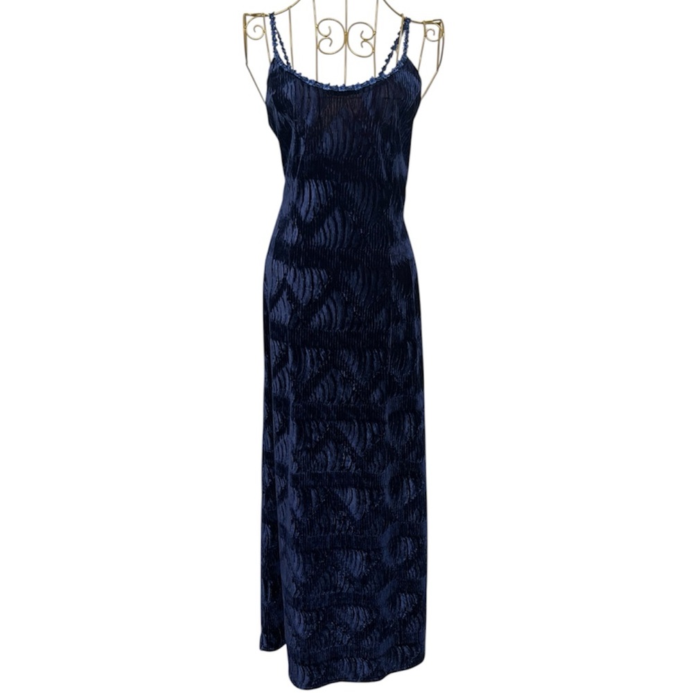 Scott McClintock Y2K Vintage Blue Crushed Velvet Dress Floral Straps Formal Gown